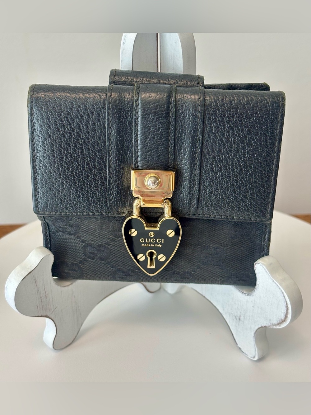 Gucci Monogram GG Canvas Leather Compact Wallet w/Heart Lock Accent